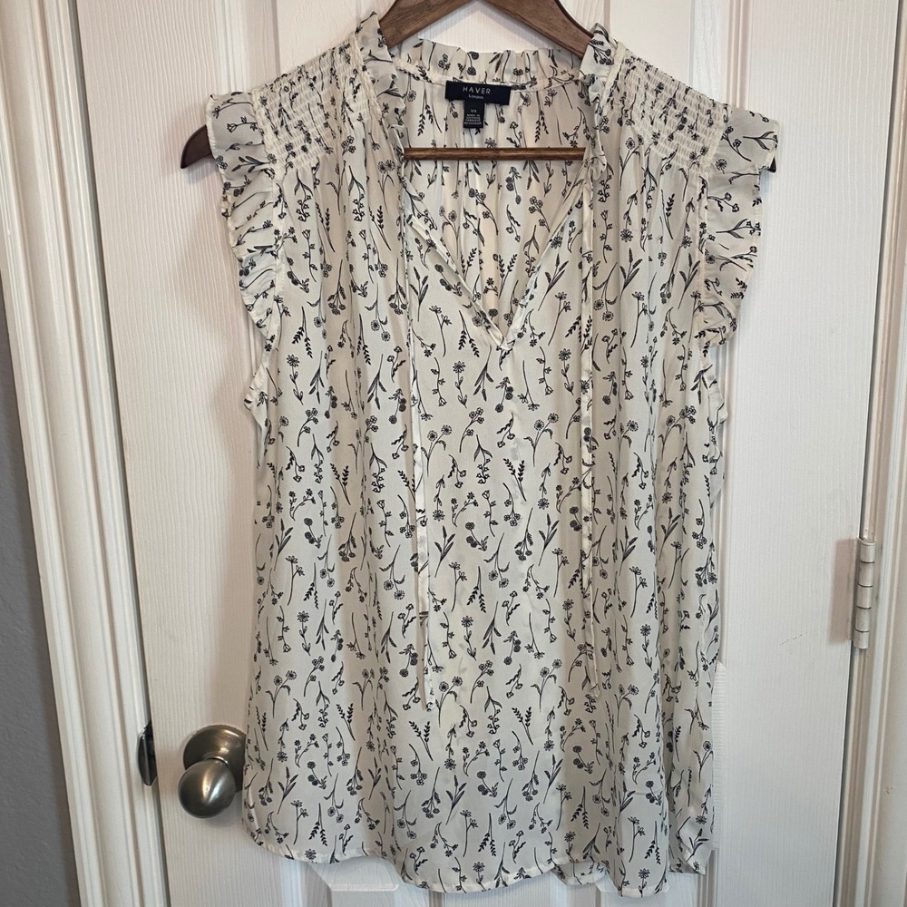 Haver London Women Large White Floral Ruffle Tie Neck Sleeveless Blouse